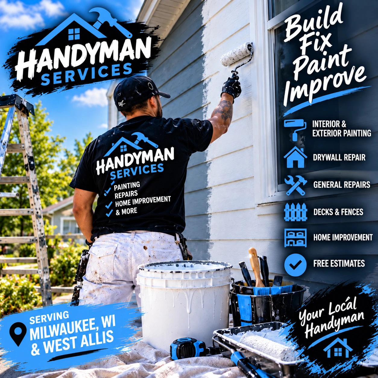 Marketing illustration of a painter rolling exterior siding